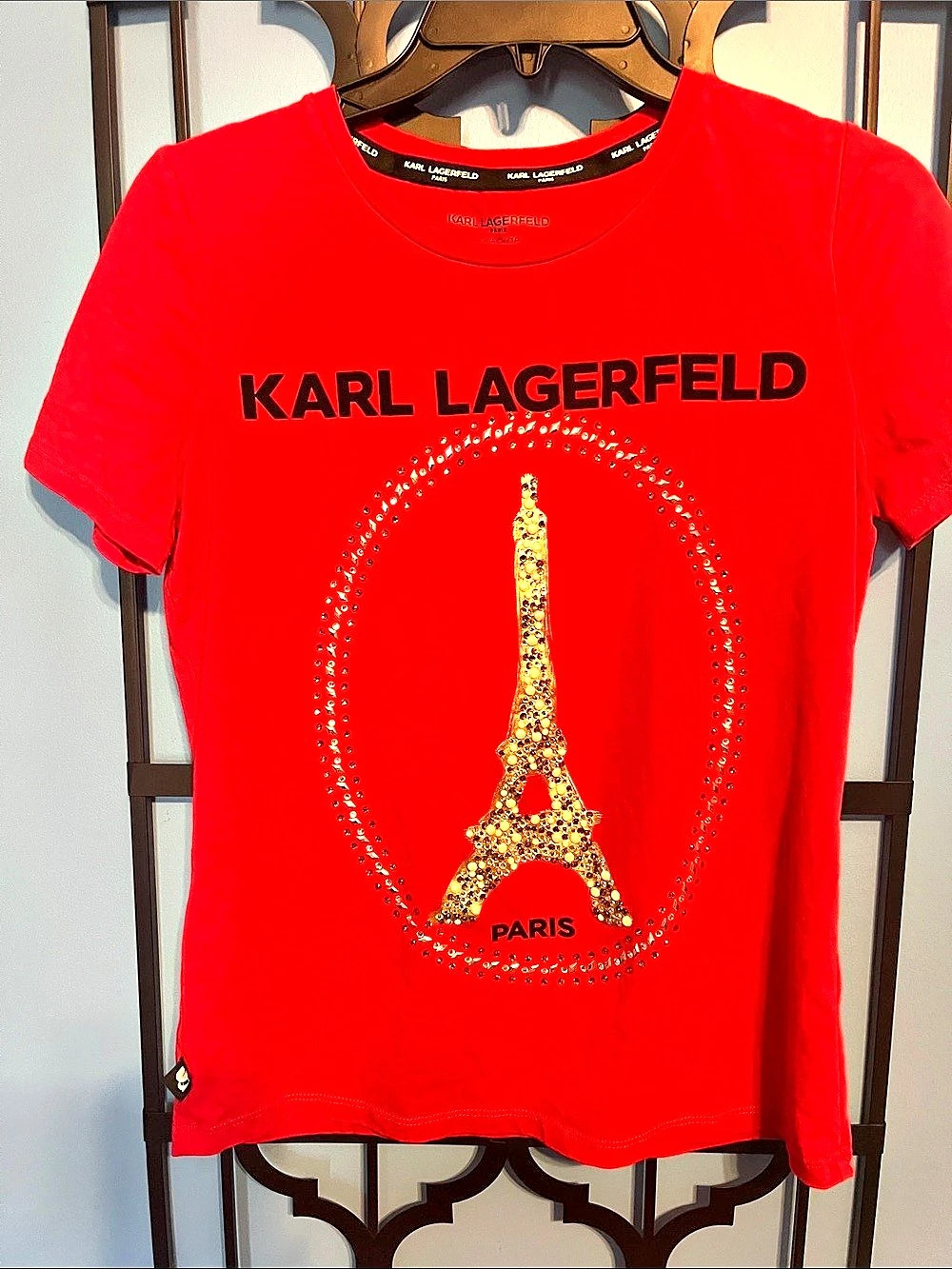 Karl Lagerfeld Rhinestone Eiffel Tower Tee in Red XS Like New